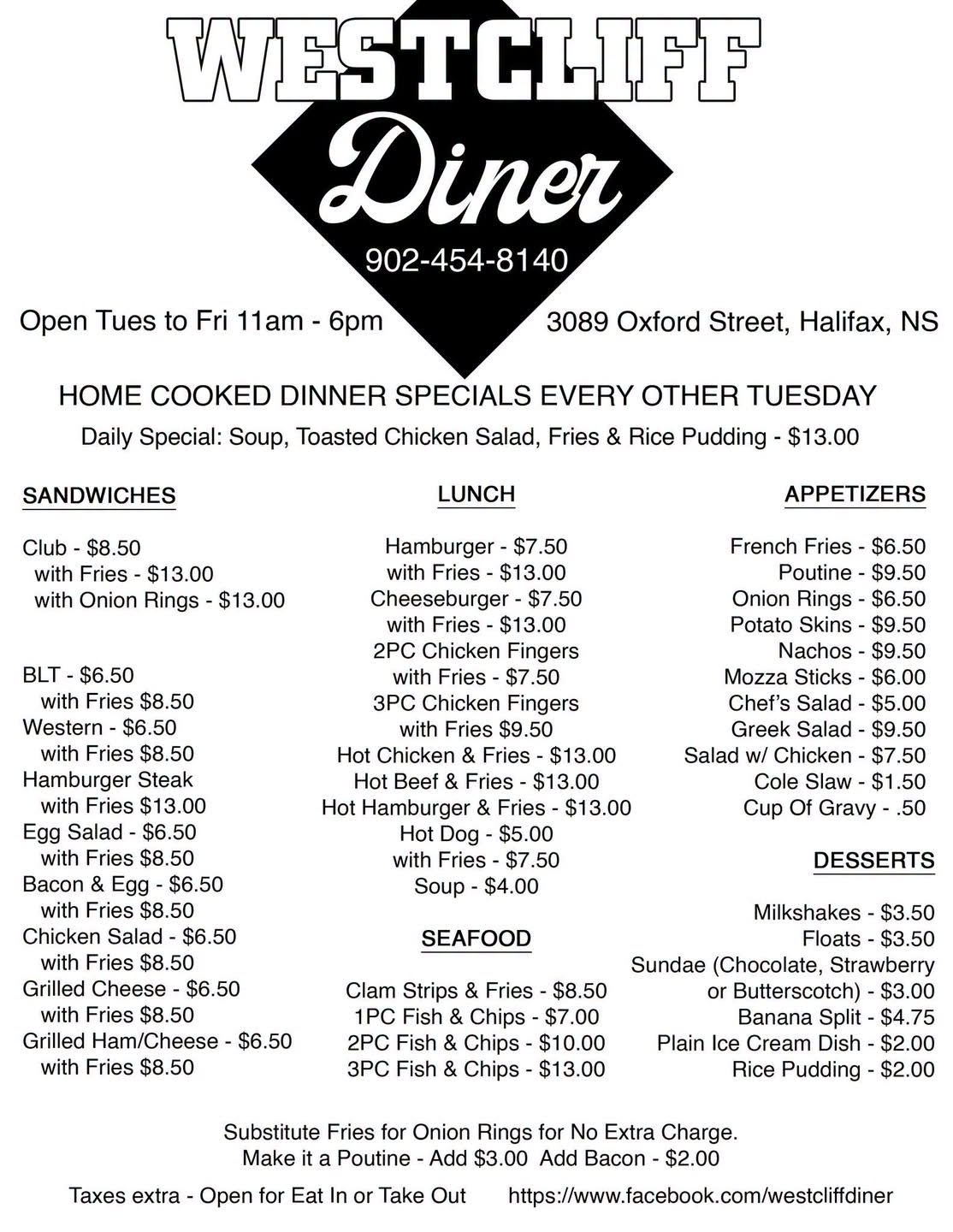 Westcliff Restaurant printed menu