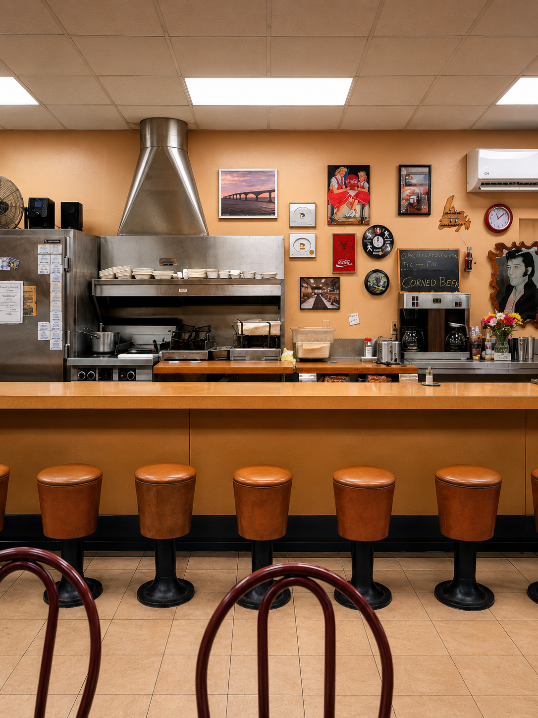 The counter and open kitchen inside Westcliff Restaurant