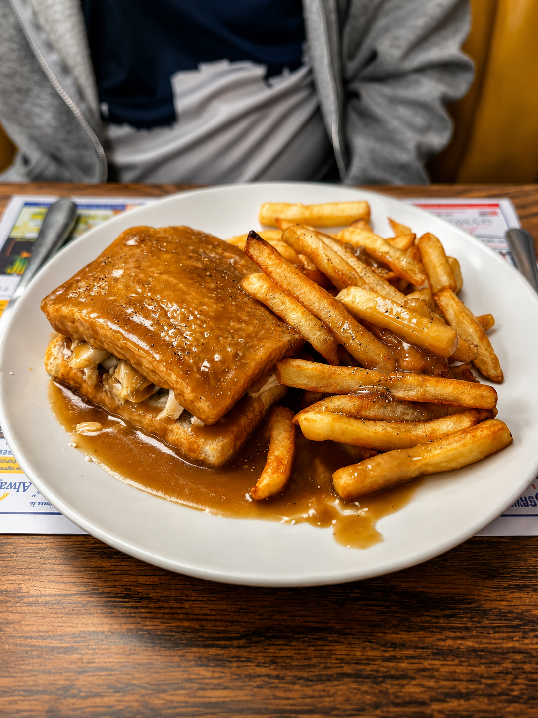 Hot chicken sandwich with gravy and fries