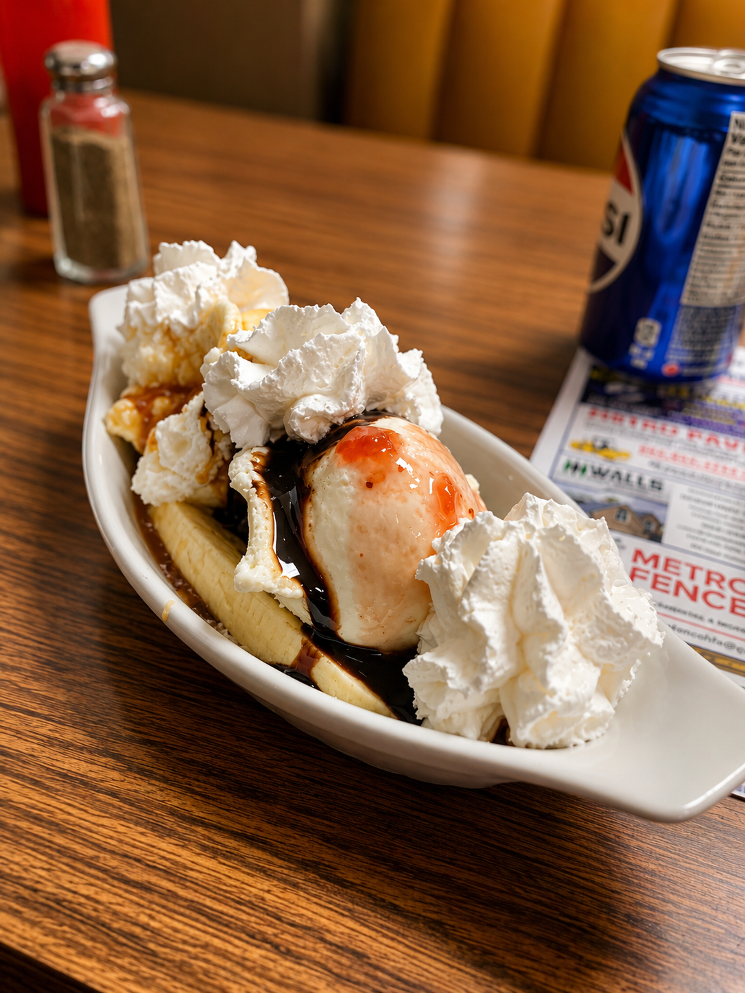 Banana split with ice cream and chocolate sauce